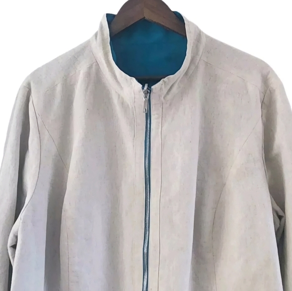 Lafayette 148 Linen Blend Reversible Jacket Full Zip Cream Turquois Womens 22 - Picture 2 of 12
